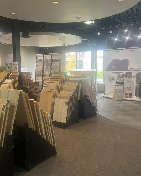 North York flooring showroom with wood and tile look flooring displays from Dominion Rug & Home