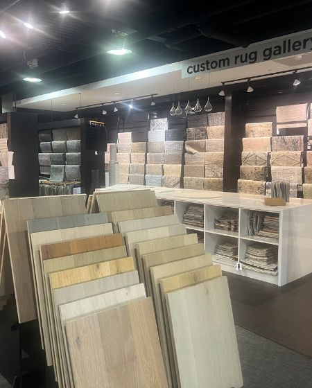 Dominion Rug & Home North York showroom displays of wood flooring and custom rug gallery